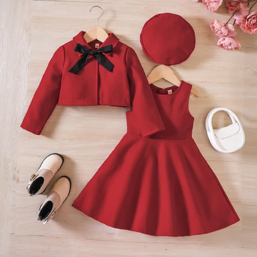 GIRL'S WINTER BOW TIE WOOLEN COAT AND VEST SKIRT SETS