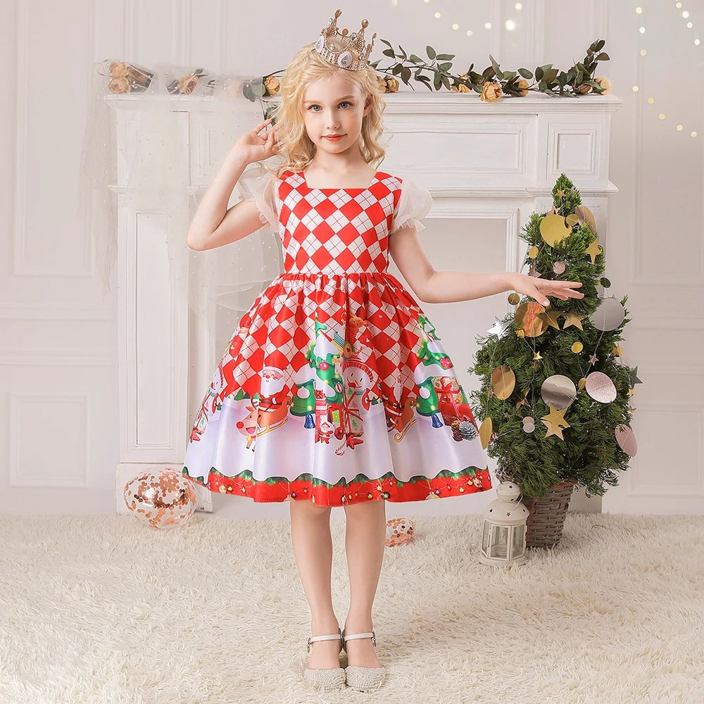 GIRL'S CHRISTMAS PRINTED SATIN DRESS